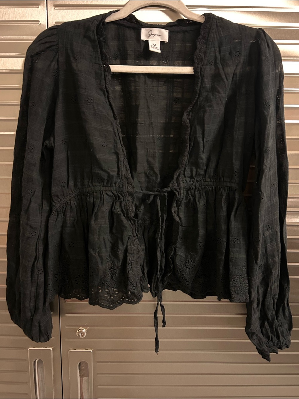 Japna Black Eyelet Cotton V-Neck Long Sleeve Tie Front Peasant Boho Y2K Blouse M